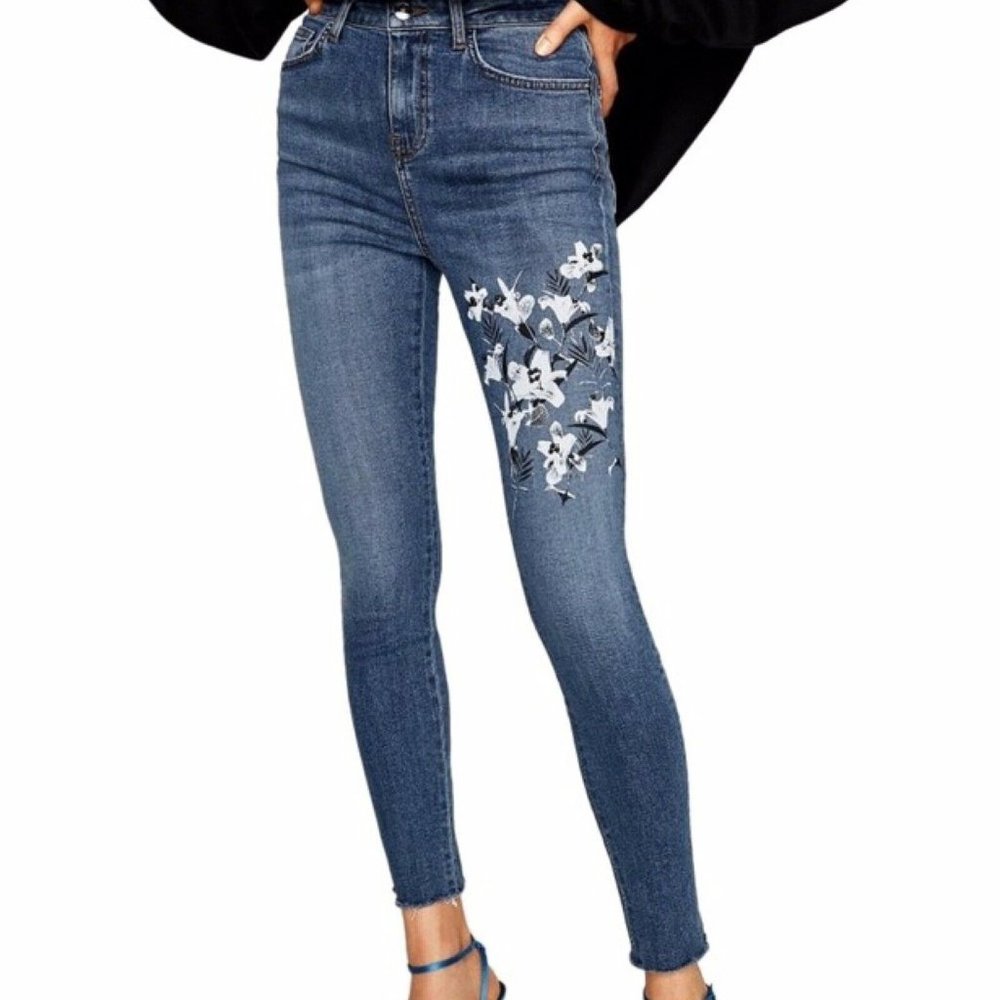 Zara Floral Painted Skinny Jeans with Raw Hem